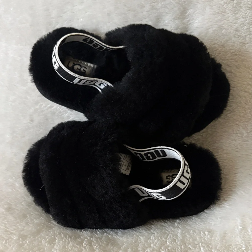 UGG Kids Black Furry Slide Sandals with Branded Heel Strap